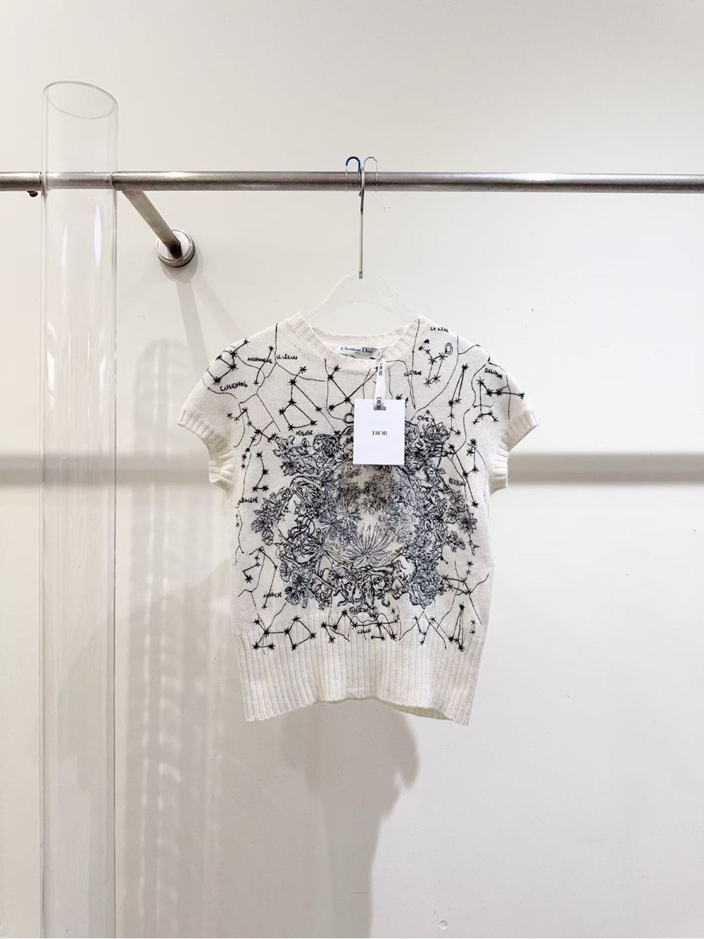 Dior Ivory Short Sleeve Knit Top with Black Constellation & Floral Motif
